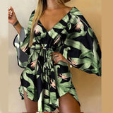Nina Parker Graffiti Dress Sexy Batwing Sleeve Lace-up Dress