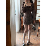 Aesthetic Dress French Style Retro Puff Sleeve Plaid Dress Lace Dress