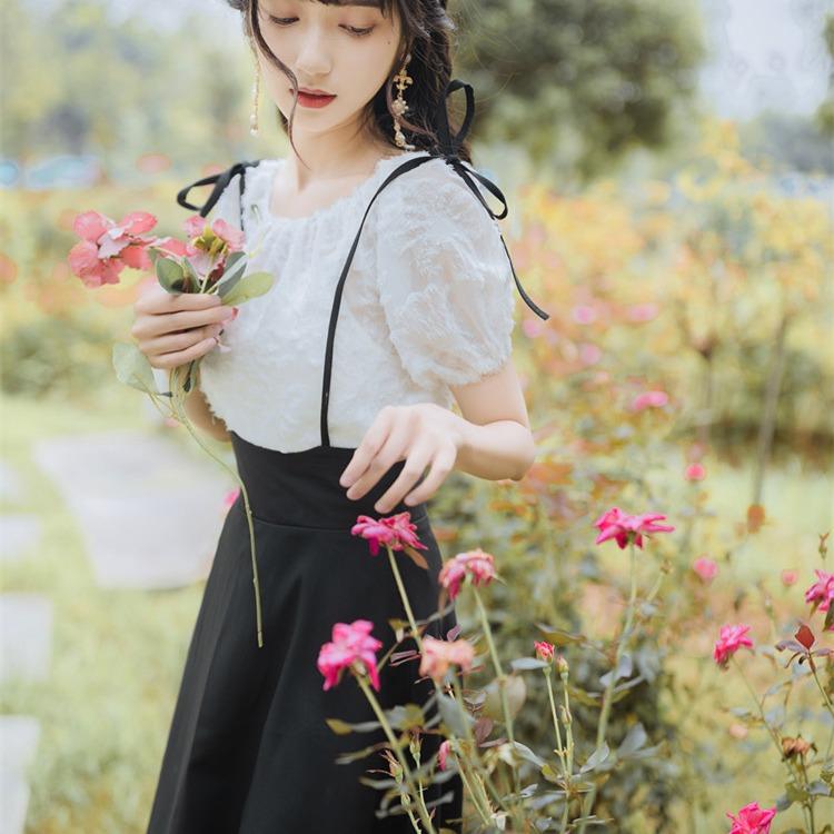Women Retro Cottagecore Vintage Dress Square Collar Dres Summer Tassel Suspender Skirt Two-Piece Set