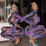 Printed round Neck Long Sleeve Hollow out See-through Tight Trousers Mesh Jumpsuit