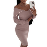 Winter Formal Dresses Button Waist-Controlled Long Sleeves Knitted Sheath Dress