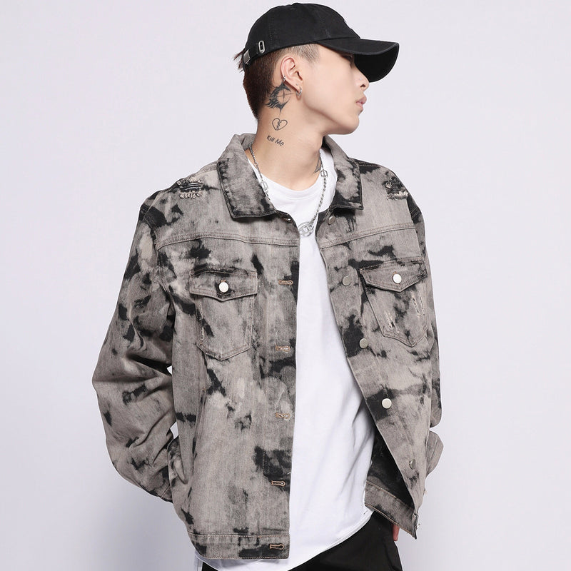 Men Denim Coat Jean Jackets Washed Distressed Tie-Dyed Denim Jacket Men Loose Lapels Denim Clothes Jacket