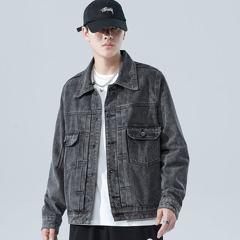 Denim Varsity Jacket Autumn and Winter Paisley Black Denim Jacket Men's Loose Top Jacket