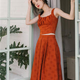 Women Retro Cottagecore Vintage Dress High Waist Orange Skirt Slimming Spaghetti Straps Sleeveless Two-Piece Set