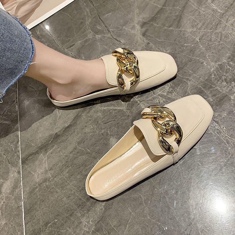 Finn Chain Pointed Toe Mule Closed Toe Half Slippers Women's Summer Square Toe Metal Buckle Low Heel Slippers