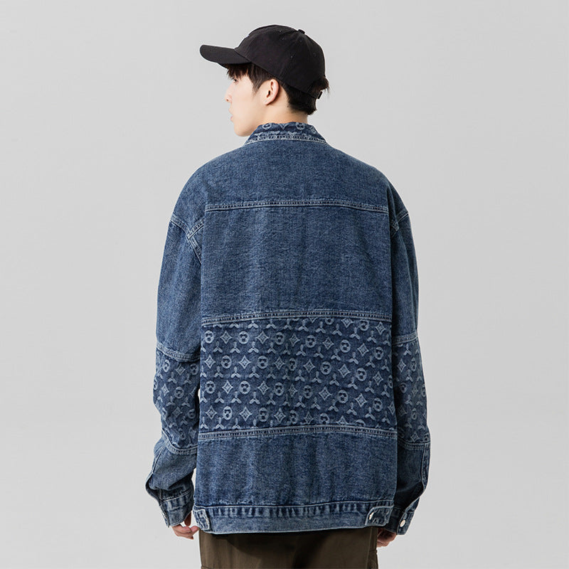 Denim Varsity Jacket Autumn and Winter Design Loose Stitching Turn-down Collar Coat Men's Long-Sleeved Denim Jacket