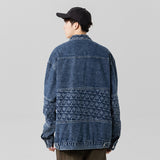 Denim Varsity Jacket Autumn and Winter Design Loose Stitching Turn-down Collar Coat Men's Long-Sleeved Denim Jacket