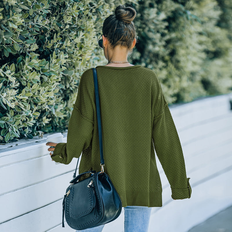 Women Fall Outfits Knitwear Solid Color Autumn and Winter V-neck Loose-Fitting Long Sleeve Sweater