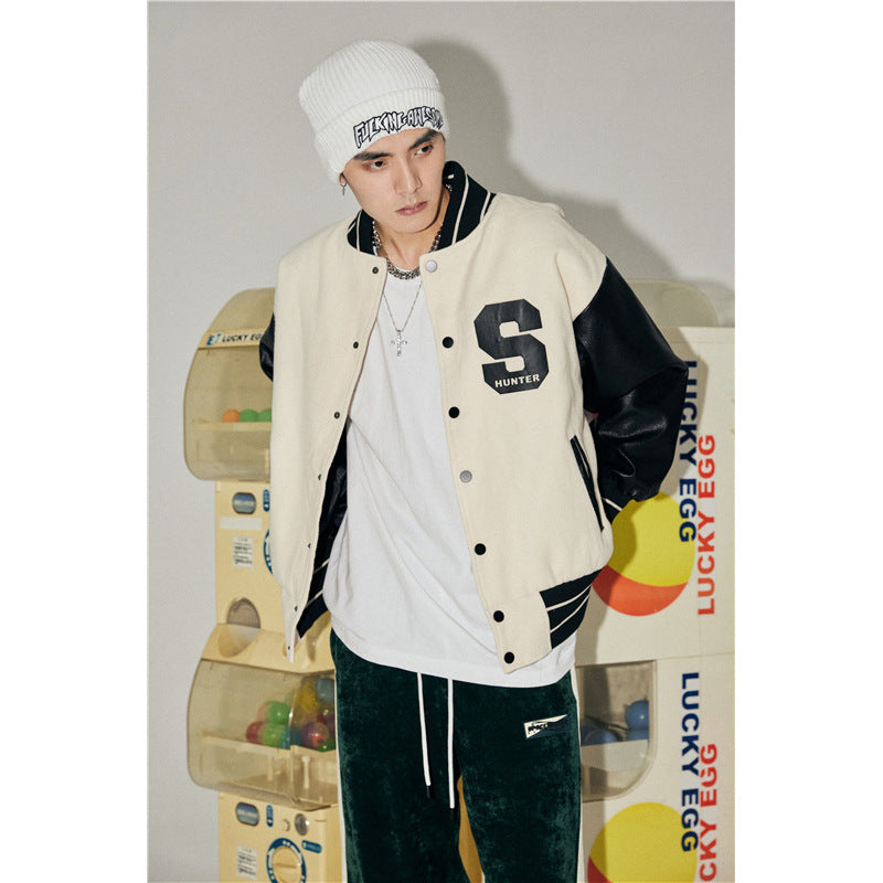 Black Varsity Jacket Autumn and Winter Baseball Uniform Men's Stitching Contrast Color Pilot Jacket Jacket