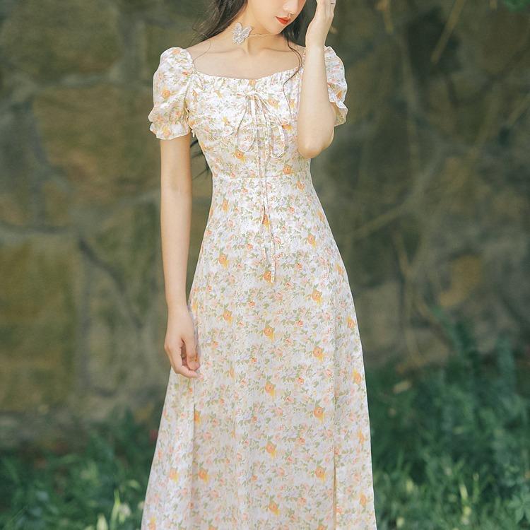 Women Cottagecore Dress French Style Retro Square Collar Dress Summer