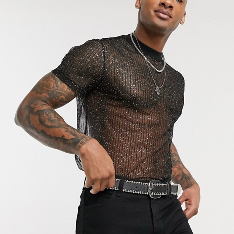 Men Rave T Shirt Men's Sexy Men's T-shirt Mesh See-through