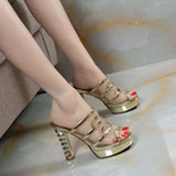 Nude Block Heel Peep Toe High Heel Mesh Sandals