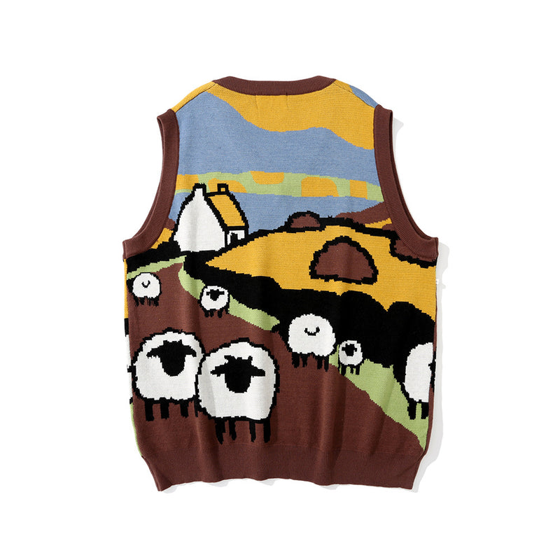 Men Sweater Vest Cartoon Jacquard Sleeveless Sweater Vest Men's Idle Style Loose V-neck Waistcoat Sweater Couple Vest Coat