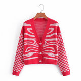 Women Fall Fall Animal Pattern Stitching Plaid Knitted Cardigan V-neck Short Top