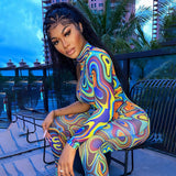 Tie-Dyed Printed Irregular One-Shoulder Long Sleeve Sexy Tight Trousers Jumpsuit