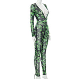 Sexy Deep V Long Sleeve Hollow out See-through Skull Mesh One-Piece Trousers for Women