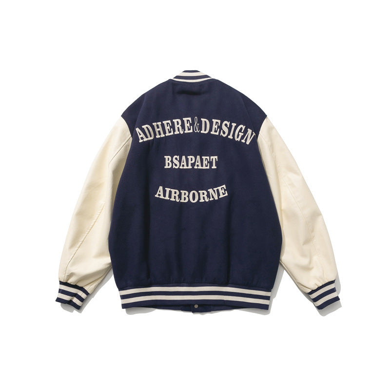 Brown Varsity Jacket Autumn Casual Patchwork Jacket College Style Loose R-Shaped Towel Embroidery Coat for Men