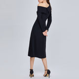 Women Spring Dress Long Sleeve Dress Lapel Sloping-Shoulder off the-Shoulder Waist Ladies Dress