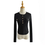 Women Fall Fall Fall Four Colors Gold Buckle Pocket Long Sleeve T-shirt Slim Fit Top