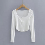 Women Fall Fall Four Colors Lace Collar Long Sleeve T-shirt Slim-Fit Crop-Top