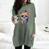 Skull Dress Casual round Neck T-shirt Women's Skull Printed Long Sleeve Loose Dress