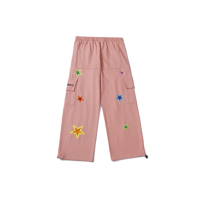 Mens Fall Outfits XINGX Embroidered Multi-Pocket Straight Cargo Pants Men and Women Couple Wide-Leg Casual Pants
