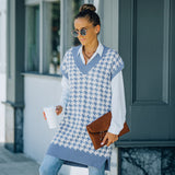 Women Fall Outfits Knitted Vest Sleeveless Houndstooth Sweater