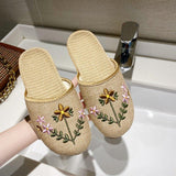 Women Open Toe Sandals Flats Summer Embroidered Linen Leisure Home Flat Slippers