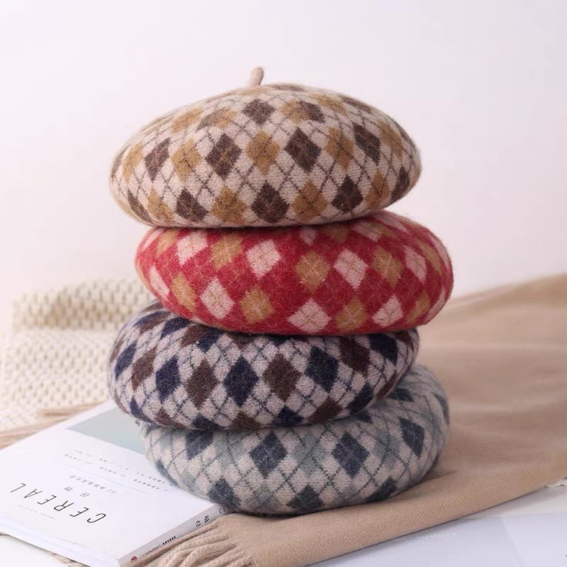 Check Beret Hat Retro Plaid Beret Women's Autumn and Winter