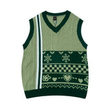 Men Sweater Vest Vintage Jacquard Color Matching Sweater Vest Men's BF Idle Style Loose V-neck Sleeveless Sweater Vest