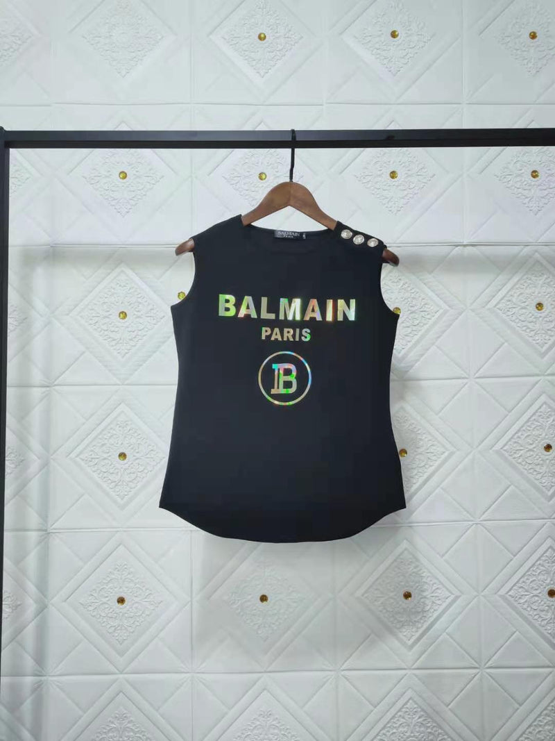 T Shirt Balmain Spring/Summer Cotton round Neck Gold Buckle Sleeveless Vest T-shirt for Women