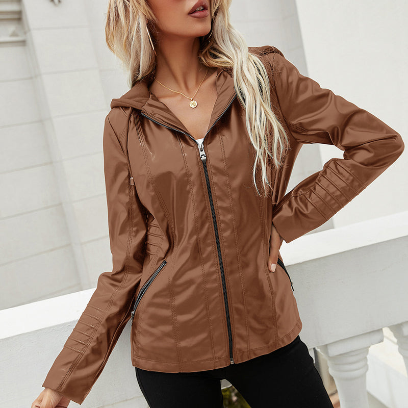 Cute Leather Jacket Hooded Long-Sleeve Zipper Solid Color Jacket Coat for Women