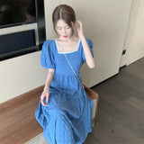 Aesthetic Dress Summer Dress Blue Square Collar Backless Dress