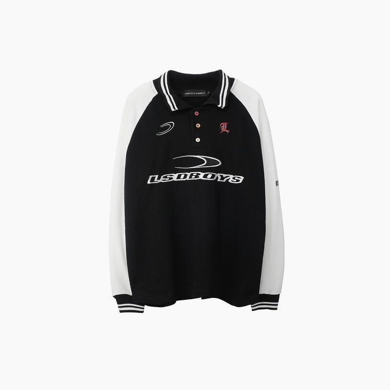 Mens Fall Outfits Oversize Vintage Basketball Sports Style Lapel Long Sleeve T-shirt for Men