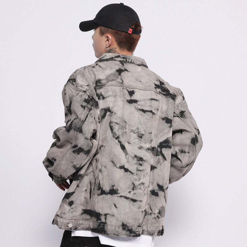 Men Denim Coat Jean Jackets Washed Distressed Tie-Dyed Denim Jacket Men Loose Lapels Denim Clothes Jacket