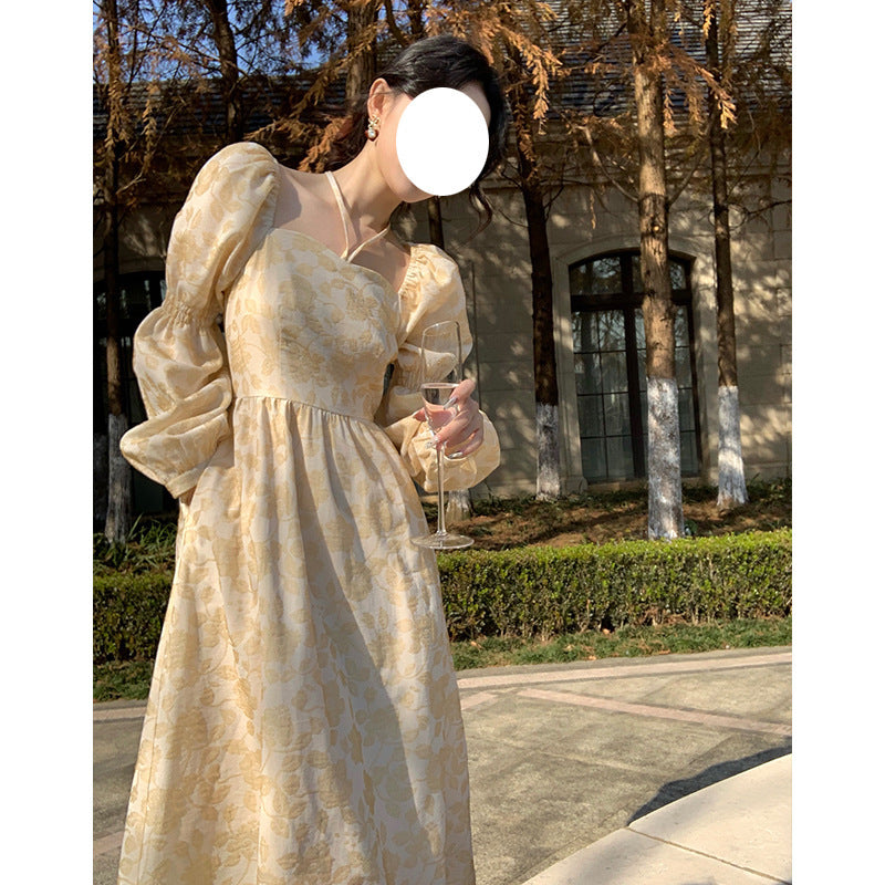 Daisy Buchanan Dress Women's Spring Vintage Square Collar Floral Skirt