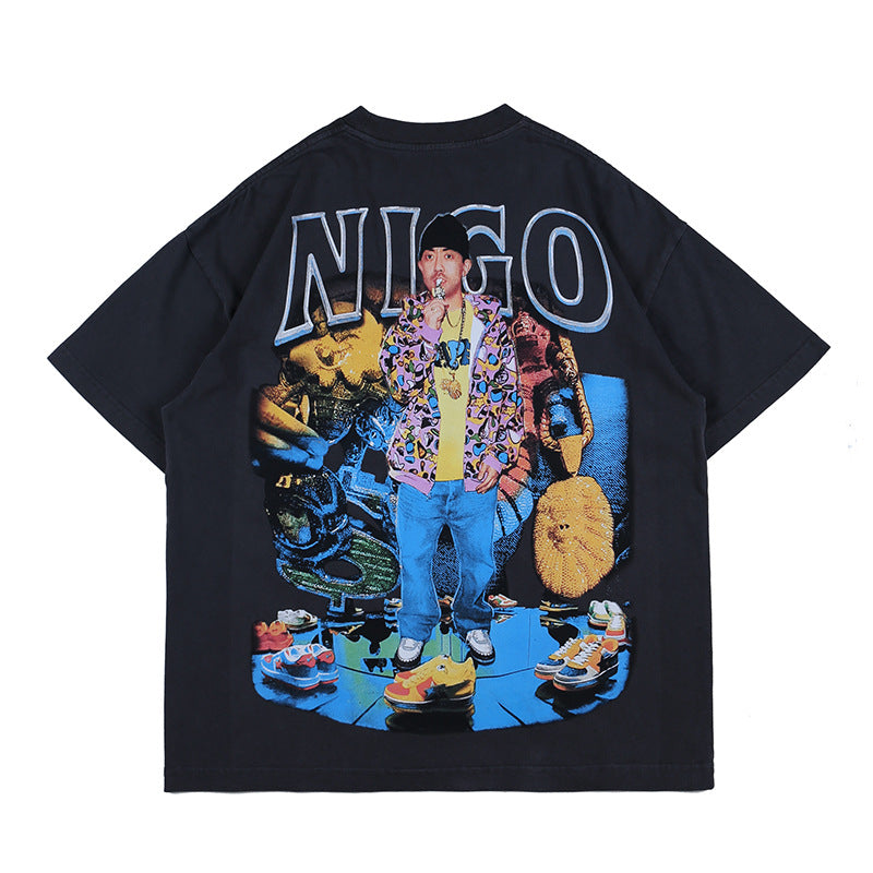 Oversized 90S T Shirt Loose round Neck T-shirt Street Hip-Hop Rap Print Short Sleeve Tee Men and Women