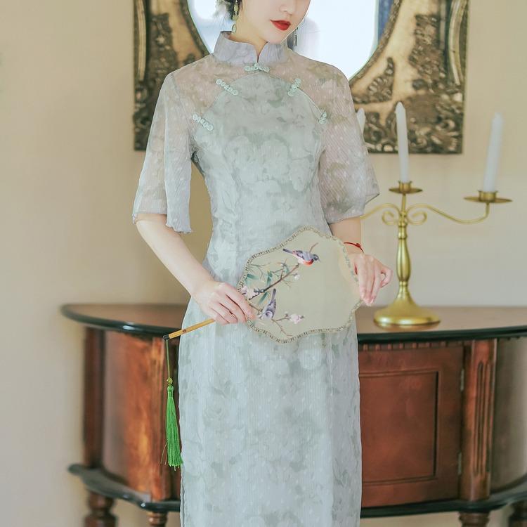 Women's cottagecore Dress Mint Rose Cheongsam Summer Floral Dress for Women