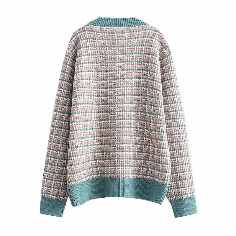 Women Fall Outfits Fall V-neck Single-Breasted Cardigan Sweater Plaid Multi-Color Coat