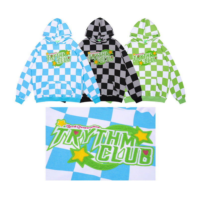 Mens Fall Outfits Green Checkerboard Plaid Loose Long Sleeve Terry Hooded Sweater for Men and Women Couple
