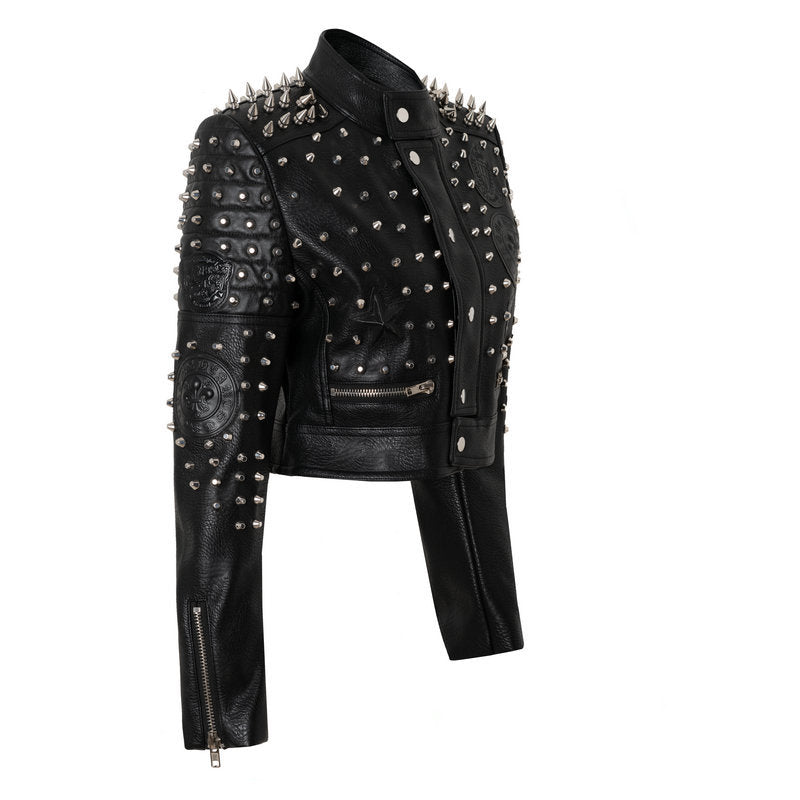 Women Leather Jacket Biker Motorcycle Coat Short Motorcycle Leather Coat