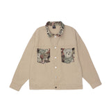 Men Denim Coat Jean Jackets Cartoon Bear Print Patchwork Denim Jacket Men Loose Lapels Jacket Denim Coat