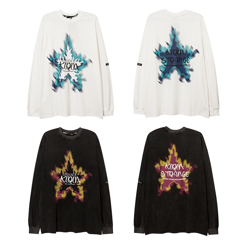 Mens Fall Outfits Loose Long Sleeve round Neck T-shirt I Flame Print Oversize Bottoming Shirt for Men and Women