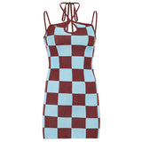 Gingham Dress Retro Sexy Backless Woolen Sheath Dress for Women