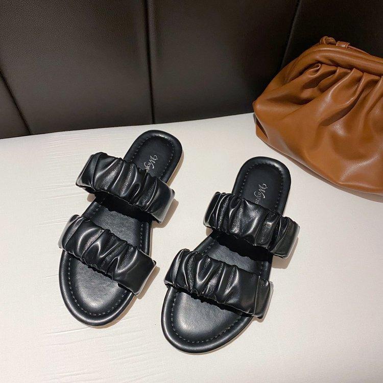 Women Open Toe Sandals Flats Summer Fashion Outdoor Pleated Slippers