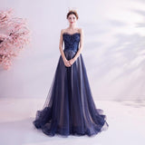 Women'S Evening Dress Ball Gown Princess Quinceanera Wedding Dresses Blue Starry Party Host Tube Top Tulle Tutu