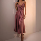 Mauve Dress Summer Solid Satin Pearl Suspender Dress Sexy V-neck Fashion Swing