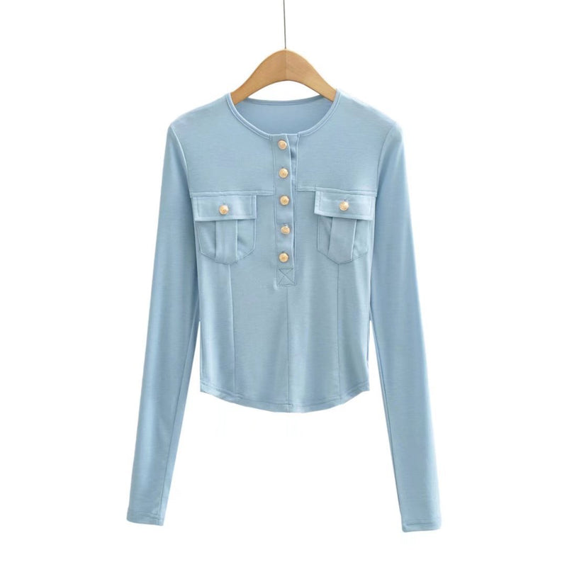Women Fall Fall Fall Four Colors Gold Buckle Pocket Long Sleeve T-shirt Slim Fit Top