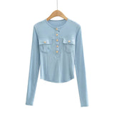 Women Fall Fall Fall Four Colors Gold Buckle Pocket Long Sleeve T-shirt Slim Fit Top