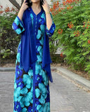 Muslim Women Stylish Kashibo Abaya Muslim Ladies Long Gown Islamic Clothing Jilbab Jalabiya Blue Print Loose Long Dress